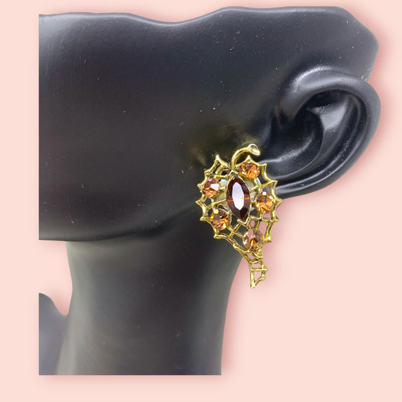 Vintage NEW 1990s Y2K Earrings Amber Crystals Abstract Gold Tone Filigree - Picture 2 of 4